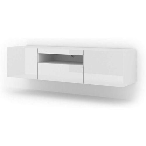 Aura Meuble TV Bas Universel 150 Cm à Suspendre Ou à Poser Armoire Hi-fi Avec LED Blanc Brillant