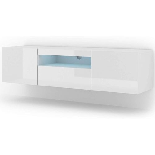 Aura Meuble TV Bas Universel 150 Cm à Suspendre Ou à Poser Armoire Hi-fi Avec LED Blanc Brillant