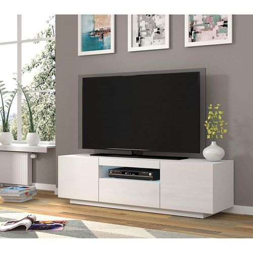 Aura Meuble TV Bas Universel 150 Cm à Suspendre Ou à Poser Armoire Hi-fi  Blanc Brillant