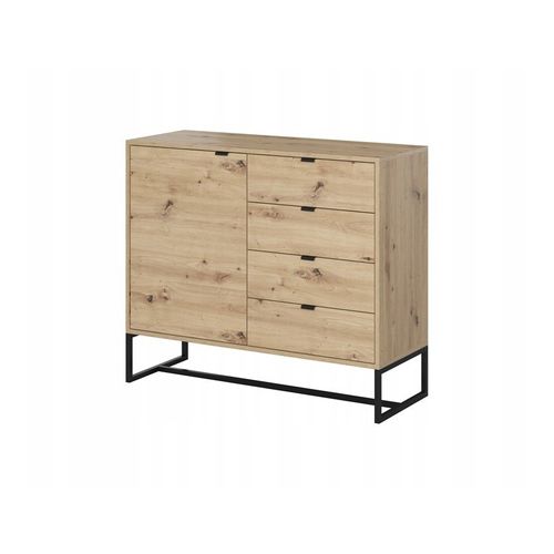 Commode 103cm Métal Chêne Artisanal Avec Tiroirs