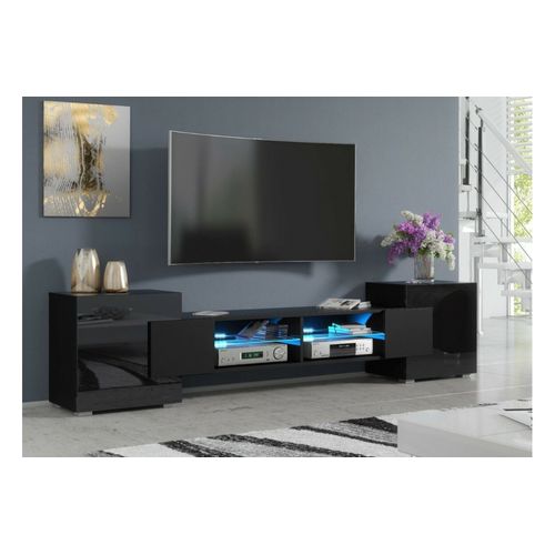 Meuble TV Pablo 230 Cm Avec LED Noir Mat Et Noir Laqué