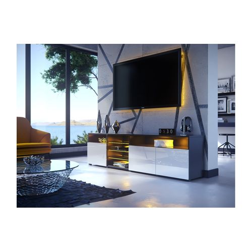 Meuble TV Massimo 200 Cm Noir Mat Et Portes Blanc Laquées LED Rgb