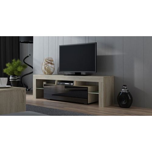 Meuble TV Spider à LED En Chêne Mat Avec Porte Noir Laqué 160 Cm