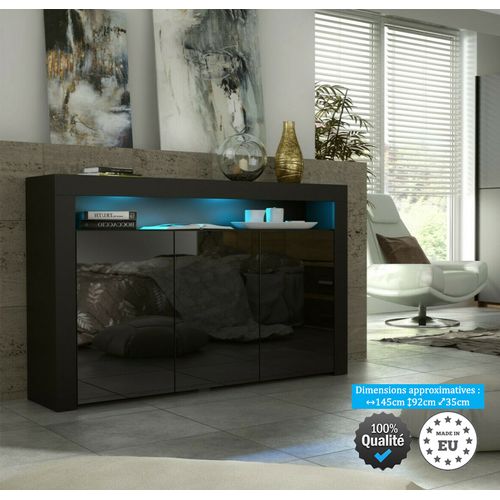 Buffet Jive 145 Cm Portes Noir Laquees Avec LEDs