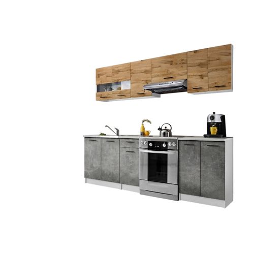 Cuisine Bigo 7 Éléments - Finition Bas Beton Haut Bois 240 Cm