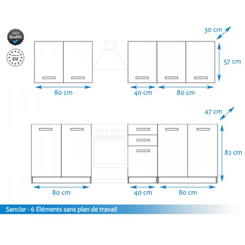 Cuisine Sanclar 6 Éléments - Gris Gris Laqué Avec Poignés Noir En 2 Metres