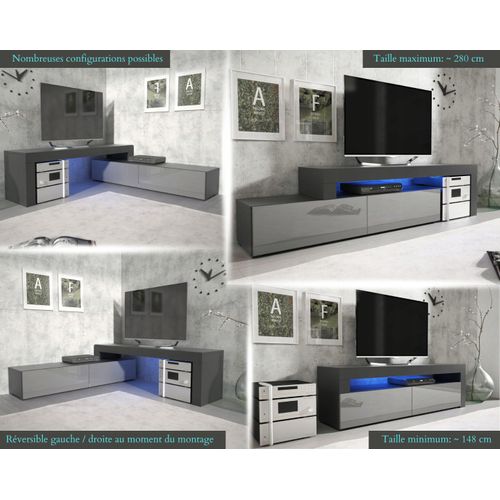 Meuble TV Flex 148 - 280 Cm LED Noir Mat Gris Laque Modulable / Extensible / Angle