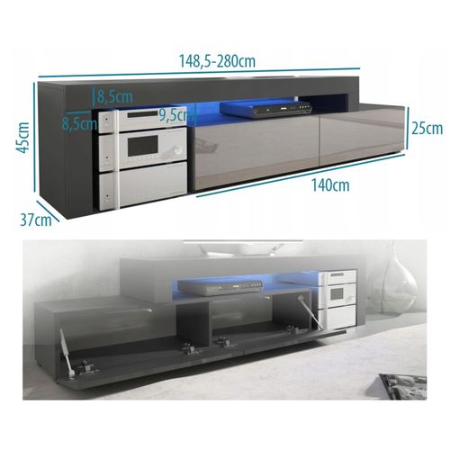 Meuble TV Flex 148 - 280 Cm LED Noir Mat Gris Laque Modulable / Extensible / Angle