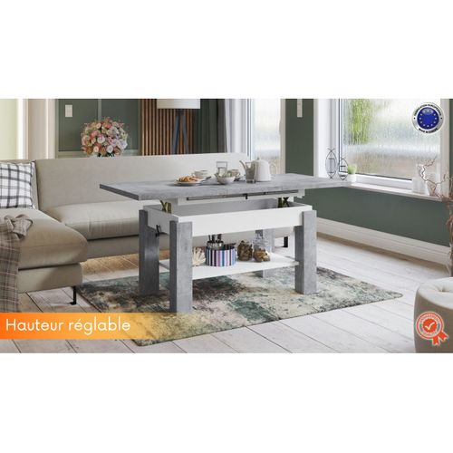 Table Basse Sierra Relevable Et Extensible De 100 Cm à 150 Cm En Blanc Beton