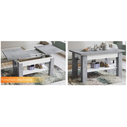 Table Basse Sierra Relevable Et Extensible De 100 Cm à 150 Cm En Blanc Beton