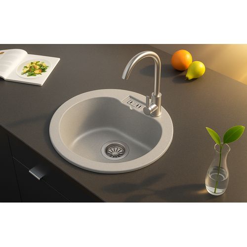 Evier Rond Nalibou Gris En Granit Premium - 1 Bac Sans Égouttoir Et Vidage Inclus