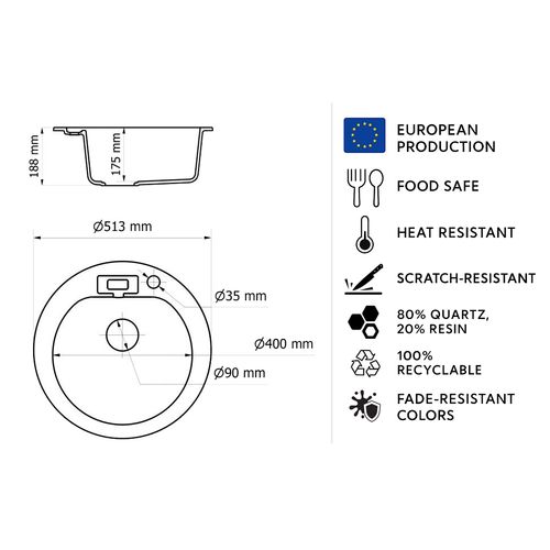 Evier Rond Nalibou Noir En Granit Premium - 1 Bac Sans Égouttoir Et Vidage Inclus