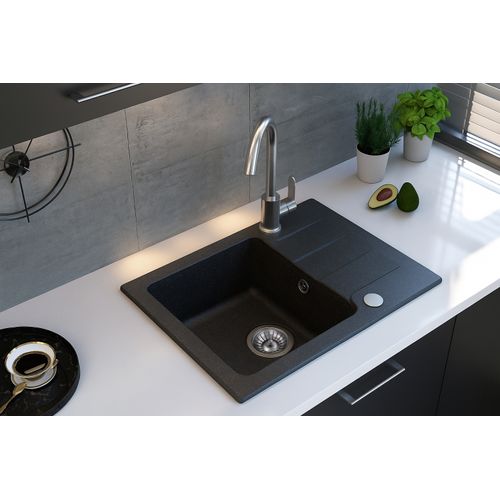 Evier Rectangulaire Rive Noir En Granit Premium - 1 Bac Avec Égouttoir Et Vidage Inclus