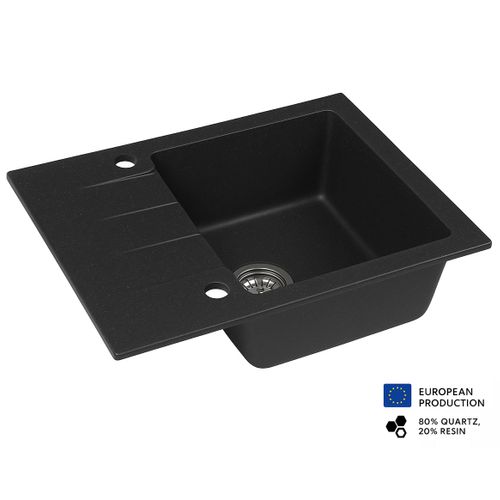 Evier Rectangulaire Rive Noir En Granit Premium - 1 Bac Avec Égouttoir Et Vidage Inclus