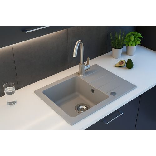 Evier Rectangulaire Rive Gris En Granit Premium - 1 Bac Avec Égouttoir Et Vidage Inclus