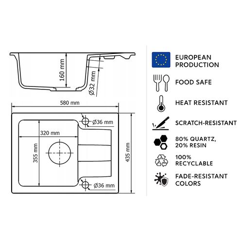 Evier Rectangulaire Rive Gris En Granit Premium - 1 Bac Avec Égouttoir Et Vidage Inclus