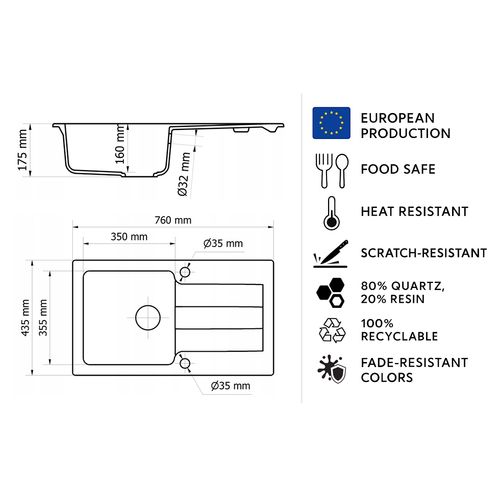 Evier Rectangulaire Laboune Gris En Granit Premium - 1 Bac Avec Égouttoir Et Vidage Inclus