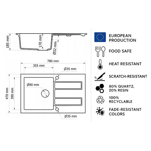 Evier Rectangulaire Coste Noir En Granit Premium - 1 Bac Avec Égouttoir Et Vidage Inclus