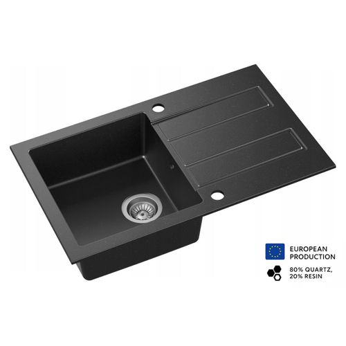 Evier Rectangulaire Coste Noir En Granit Premium - 1 Bac Avec Égouttoir Et Vidage Inclus