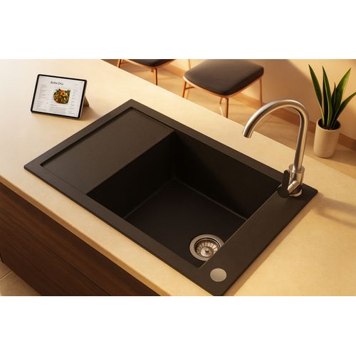 Grand Évier Acart Noir En Granit Premium - 1 Bac Avec Égouttoir Et Vidage Inclus