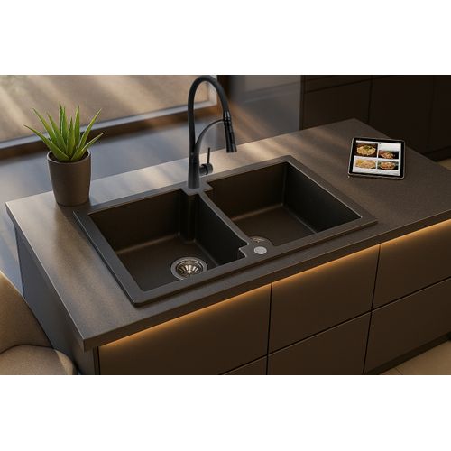 Grand Double Évier Deuito Noir En Granit Premium - 2 Bacs Sans Égouttoir Et Vidage Inclus