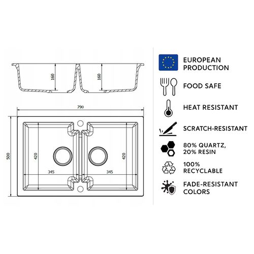 Grand Double Évier Deuito Noir En Granit Premium - 2 Bacs Sans Égouttoir Et Vidage Inclus
