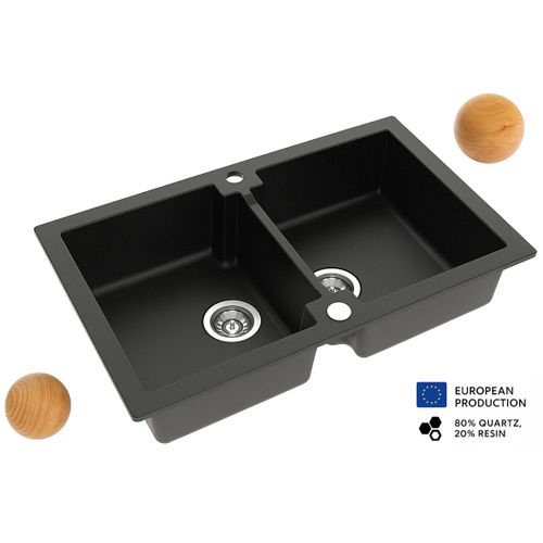 Grand Double Évier Deuito Noir En Granit Premium - 2 Bacs Sans Égouttoir Et Vidage Inclus