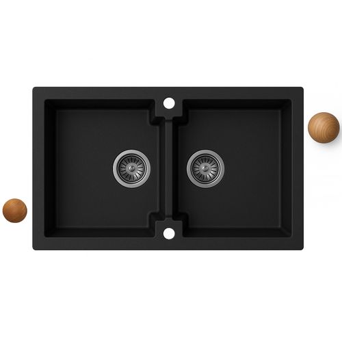 Grand Double Évier Deuito Noir En Granit Premium - 2 Bacs Sans Égouttoir Et Vidage Inclus