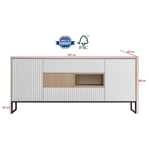 Grand Buffet Scandinave Noe 197 Cm - Sans Poignées - Bois Et Pieds Noir Metal