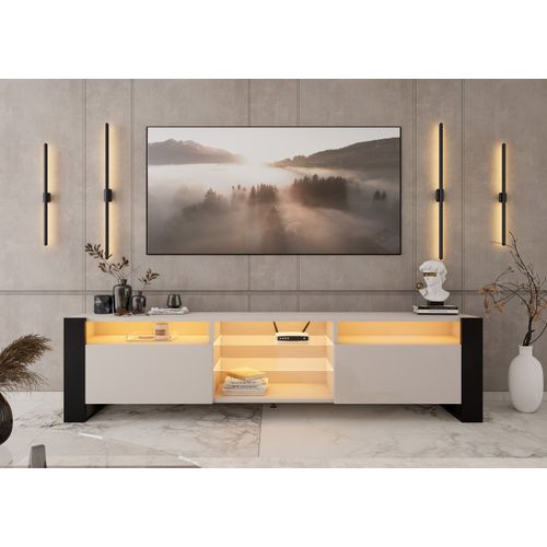 Meuble TV Lovy Cachemire Beige Gris 200 Cm LED Rgb - Style Glamour Industriel