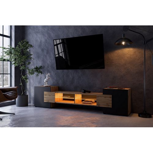 Meuble TV Pablo 230 Cm Bois Chêne Et Noir Mat Avec LED Rgb