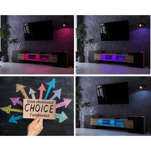 Meuble TV Pablo 230 Cm Bois Chêne Et Noir Mat Avec LED Rgb