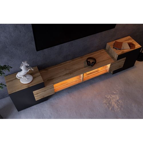 Meuble TV Pablo 230 Cm Bois Chêne Et Noir Mat Avec LED Rgb