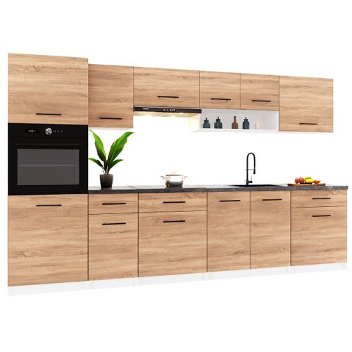 Cuisine Complète Viki Bois Chêne 300 Cm Avec Colonne Four 9 Éléments 18 Mm