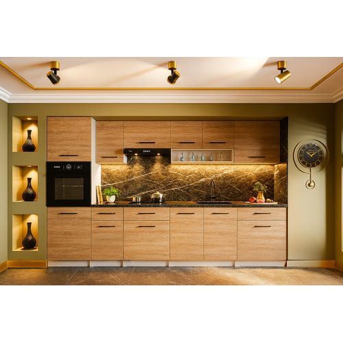 Cuisine Complète Viki Bois Chêne 300 Cm Avec Colonne Four 9 Éléments 18 Mm