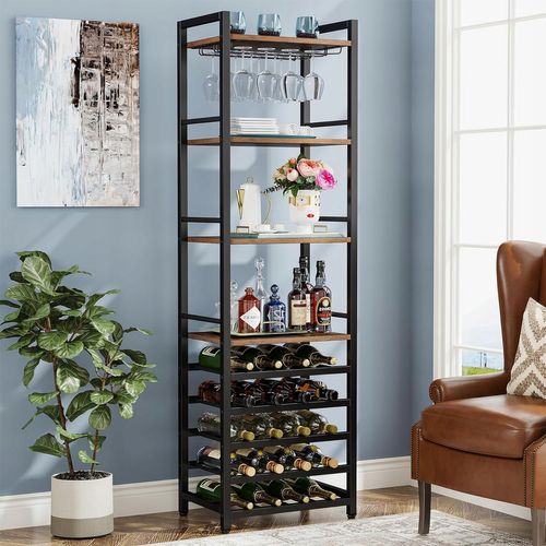 Casier à Vin Étagère à Bouteilles Autonome à 9 Étages Avec Support En Verre Et Étagères De Rangement