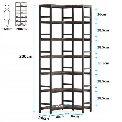 Bibliothèque D'angle 7 Étagères, Étagère D'angle Sur Pied Avec Cadre En Métal Pour Salon