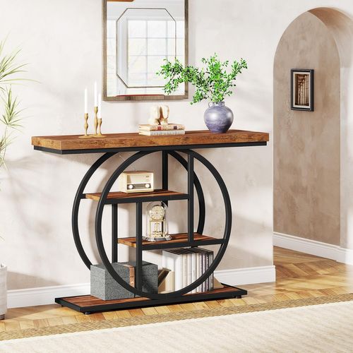Table Console Industrielle à 4 Niveaux Avec Base Circulaire, Pour Salon, Couloir, Foyer