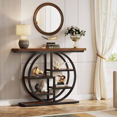 Table Console Industrielle à 6 Niveaux Avec Base Circulaire Pour Salon, Couloir, Foyer
