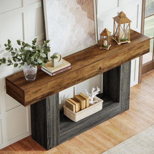 Table Console Longue De 160 Cm, Table D'entrée à Deux Niveaux, Table Basse Avec Rangement