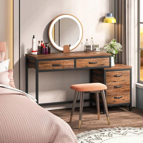 Bureau D'ordinateur, Table De Bureau Avec 5 Tiroirs, Bureau Informatique, 130x45x82cm