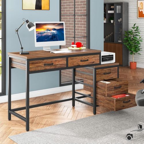 Bureau D'ordinateur, Table De Bureau Avec 5 Tiroirs, Bureau Informatique, 130x45x82cm