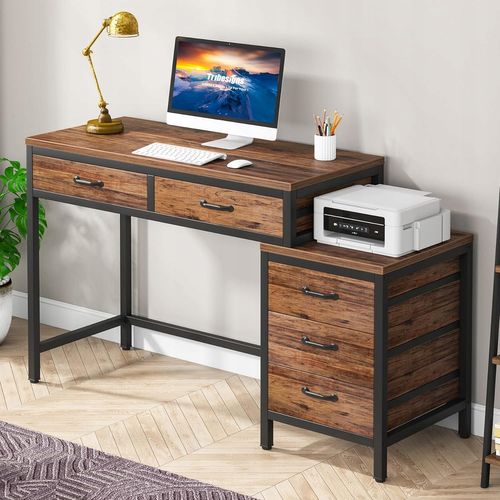 Bureau D'ordinateur, Table De Bureau Avec 5 Tiroirs, Bureau Informatique, 130x45x82cm
