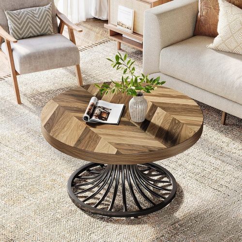 Table Basse Ronde En Bois, Table Basse Circulaire De 80 Cm Avec Piédestal En Métal