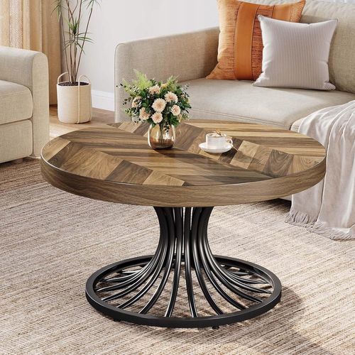 Table Basse Ronde En Bois, Table Basse Circulaire De 80 Cm Avec Piédestal En Métal