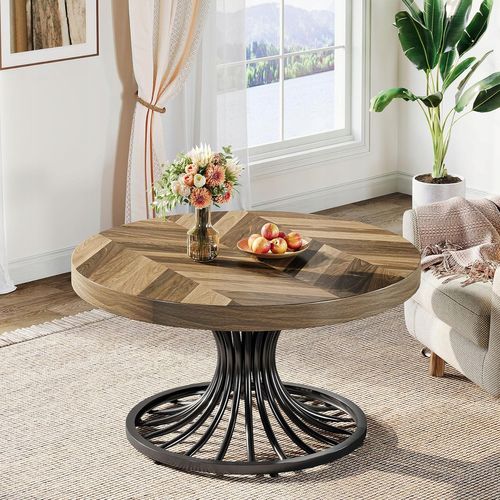 Table Basse Ronde En Bois, Table Basse Circulaire De 80 Cm Avec Piédestal En Métal