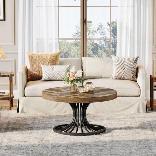 Table Basse Ronde En Bois, Table Basse Circulaire De 80 Cm Avec Piédestal En Métal