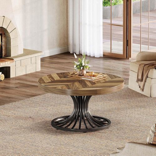 Table Basse Ronde En Bois, Table Basse Circulaire De 80 Cm Avec Piédestal En Métal