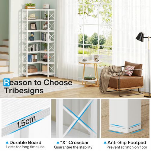 Grande Bibliothèque D'angle Moderne à 7 Étagères Avec Cadre En Métal Pour Salon(blanc)