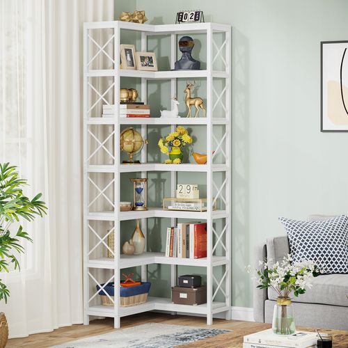 Grande Bibliothèque D'angle Moderne à 7 Étagères Avec Cadre En Métal Pour Salon(blanc)